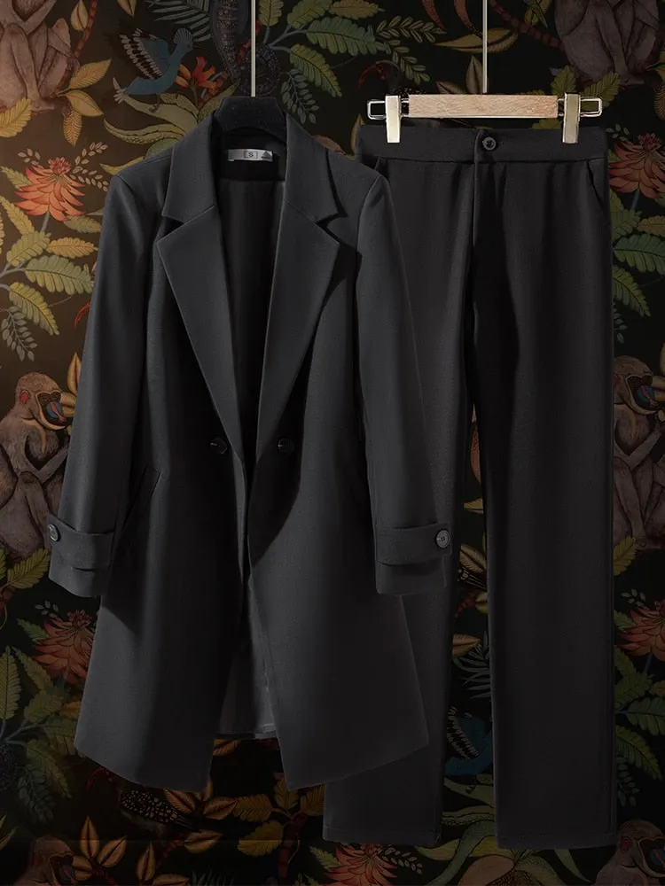 2 Piece Long Formal Blazer Set Long Formal Female Office Ladies Jacket and Trouser Work Business Wear Pant Suit