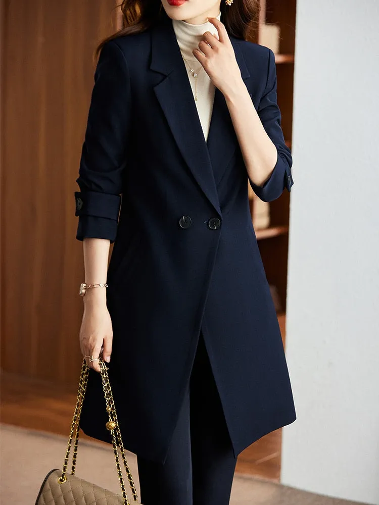 2 Piece Long Formal Blazer Set Long Formal Female Office Ladies Jacket and Trouser Work Business Wear Pant Suit