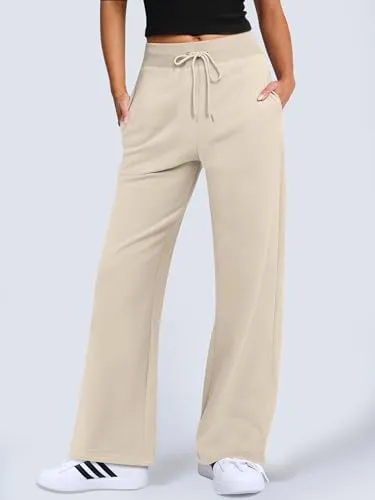 ANRABESS Women's Sweatpants Straight Leg High Waist Casual Drawstring Sweat Pants Workout Athletic Joggers with Pockets White Medium