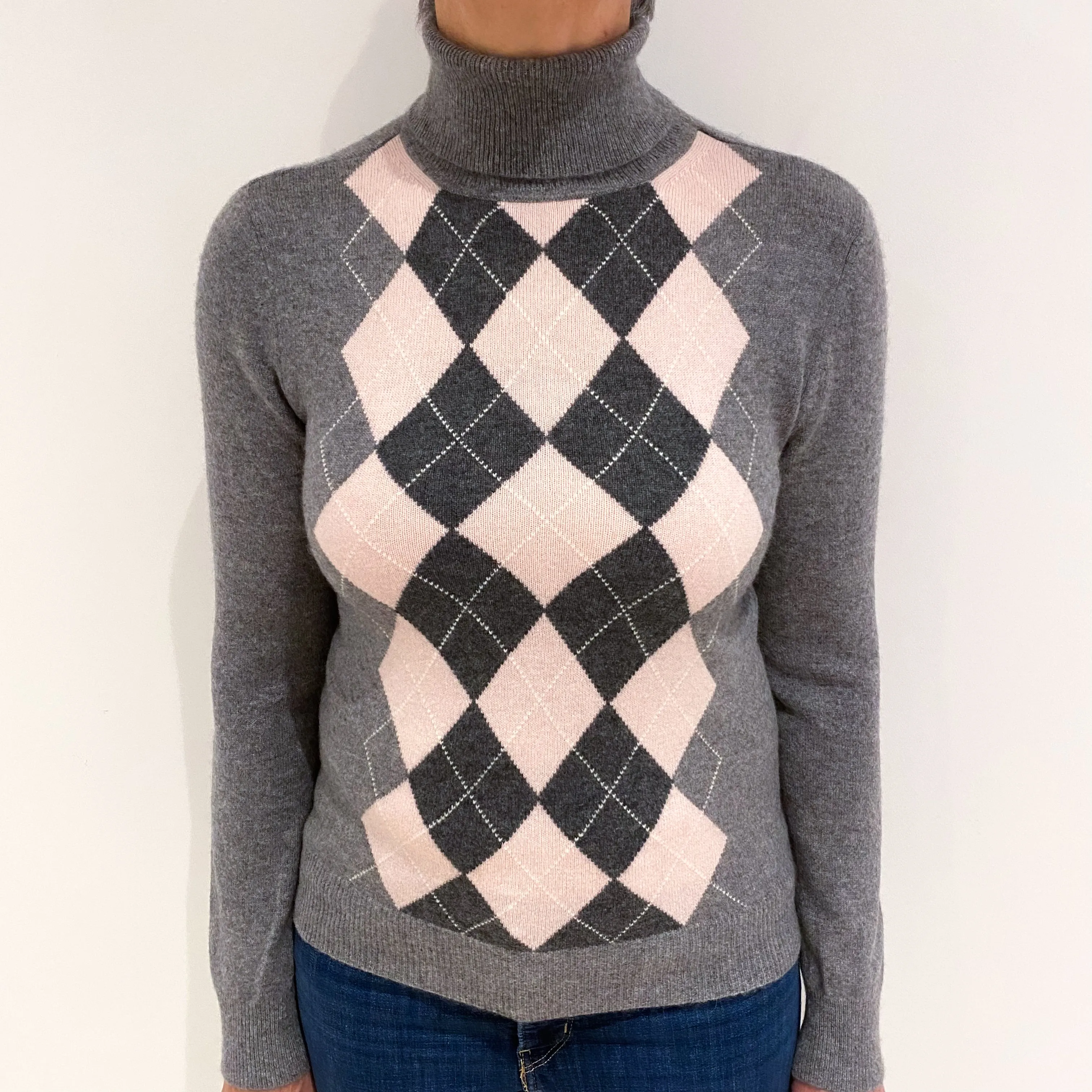 Ash Grey and Ice Pink Cashmere Polo Neck Jumper Medium