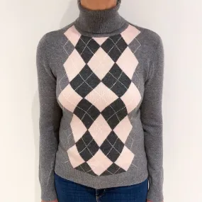 Ash Grey and Ice Pink Cashmere Polo Neck Jumper Medium