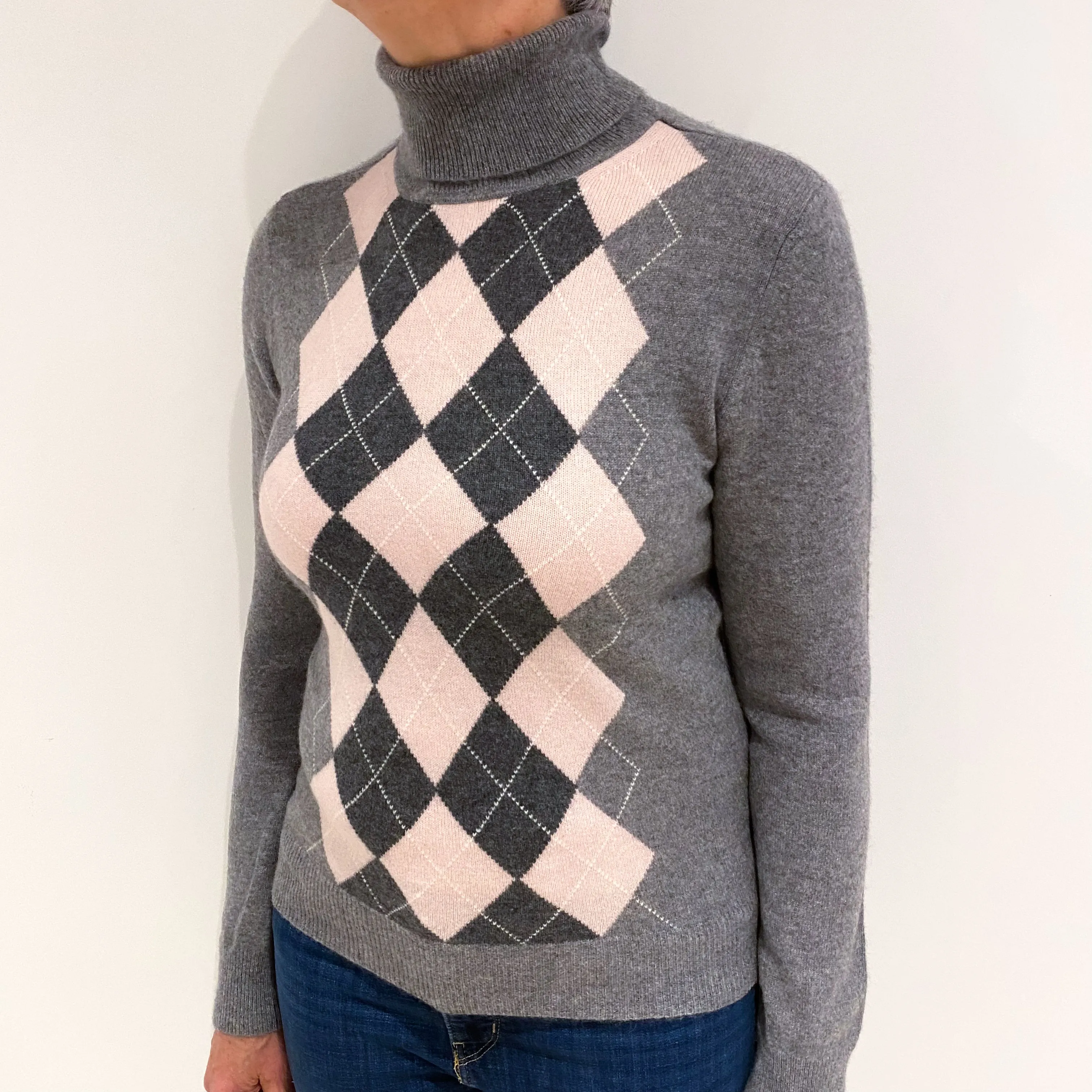 Ash Grey and Ice Pink Cashmere Polo Neck Jumper Medium