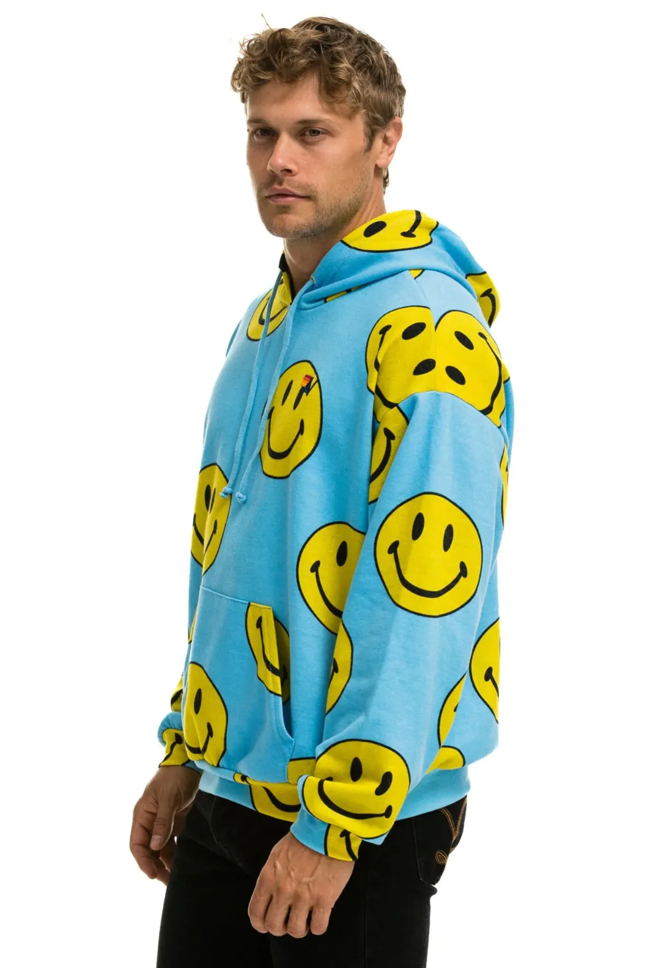 AVIATOR NATION UNISEX SMILEY REPEAT RELAXED PULLOVER HOODIE - SKY