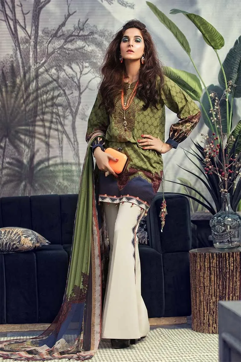 Beautiful Pakistani designer khaddar outfit in mehndi color # P2358