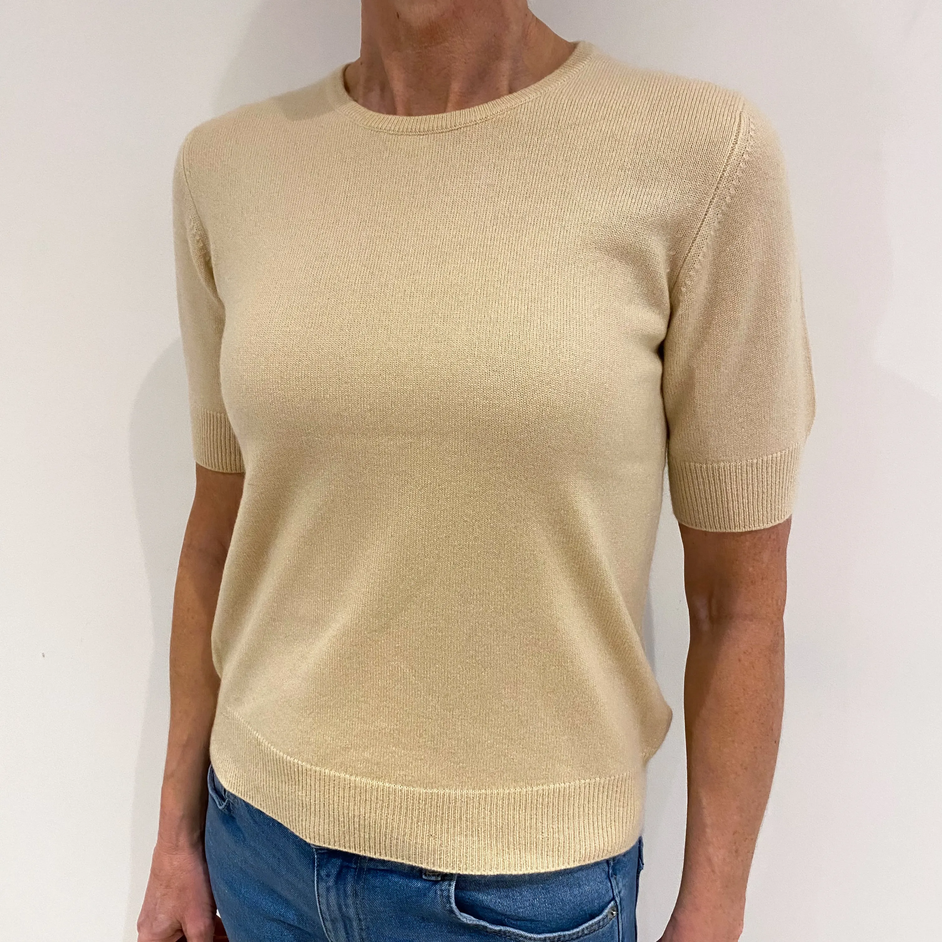 Beige Cashmere Short Sleeved Crew Neck Jumper Small