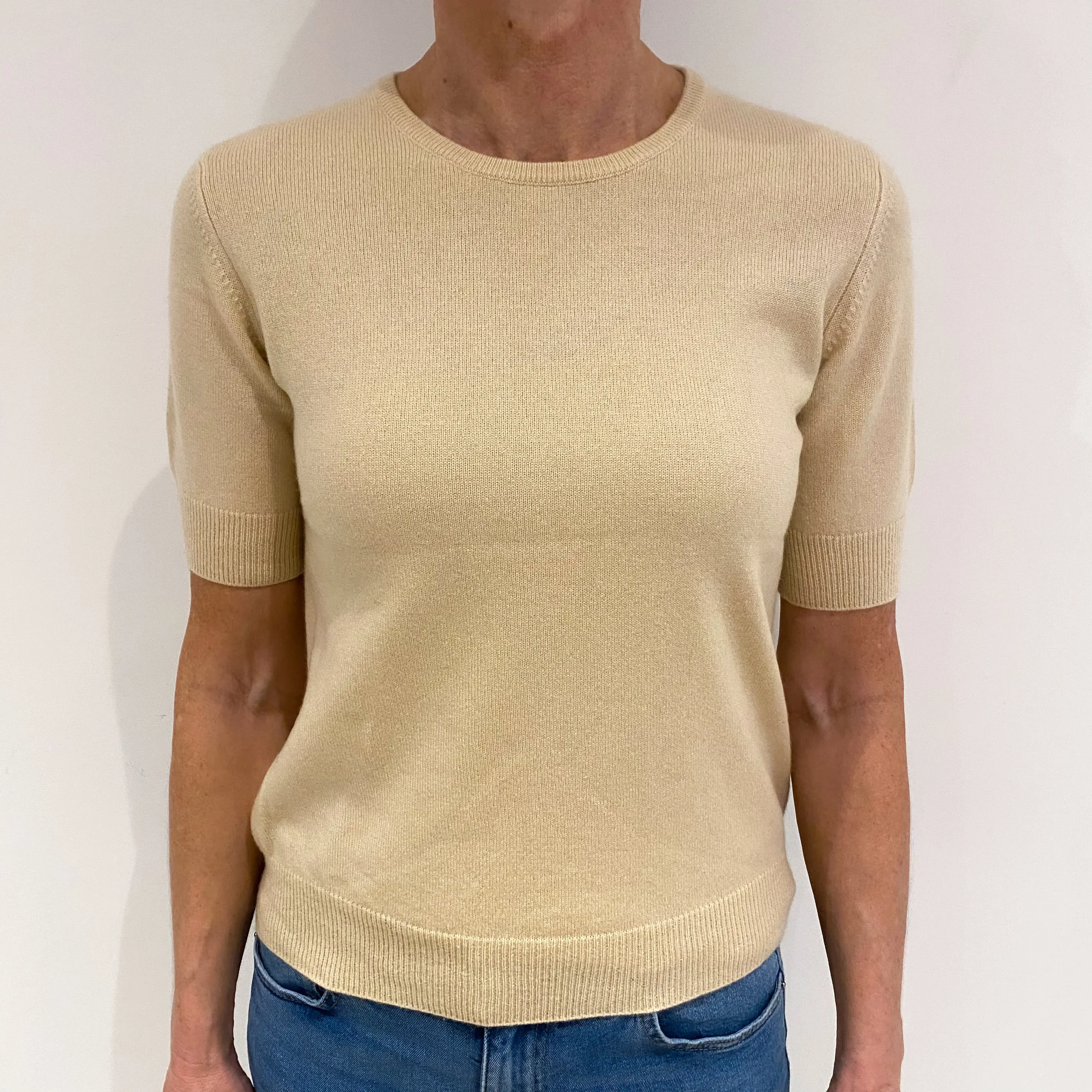 Beige Cashmere Short Sleeved Crew Neck Jumper Small