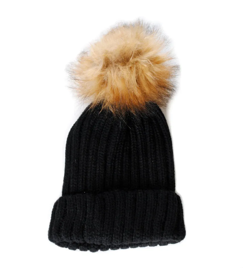 Bella Beanie Hat With Detachable Faux Fur Pom Pom