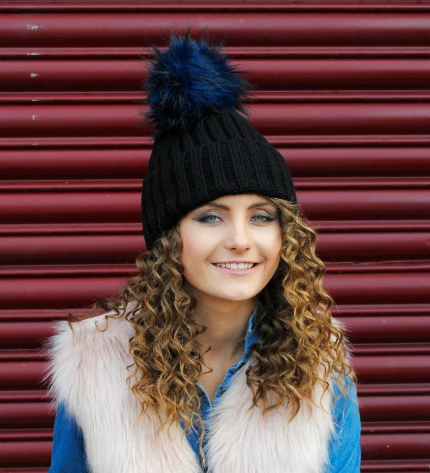 Bella Beanie Hat With Detachable Faux Fur Pom Pom