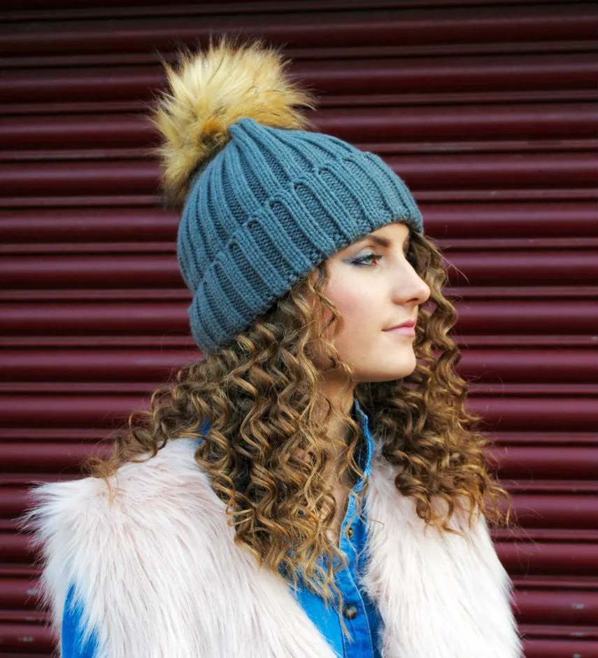 Bella Beanie Hat With Detachable Faux Fur Pom Pom