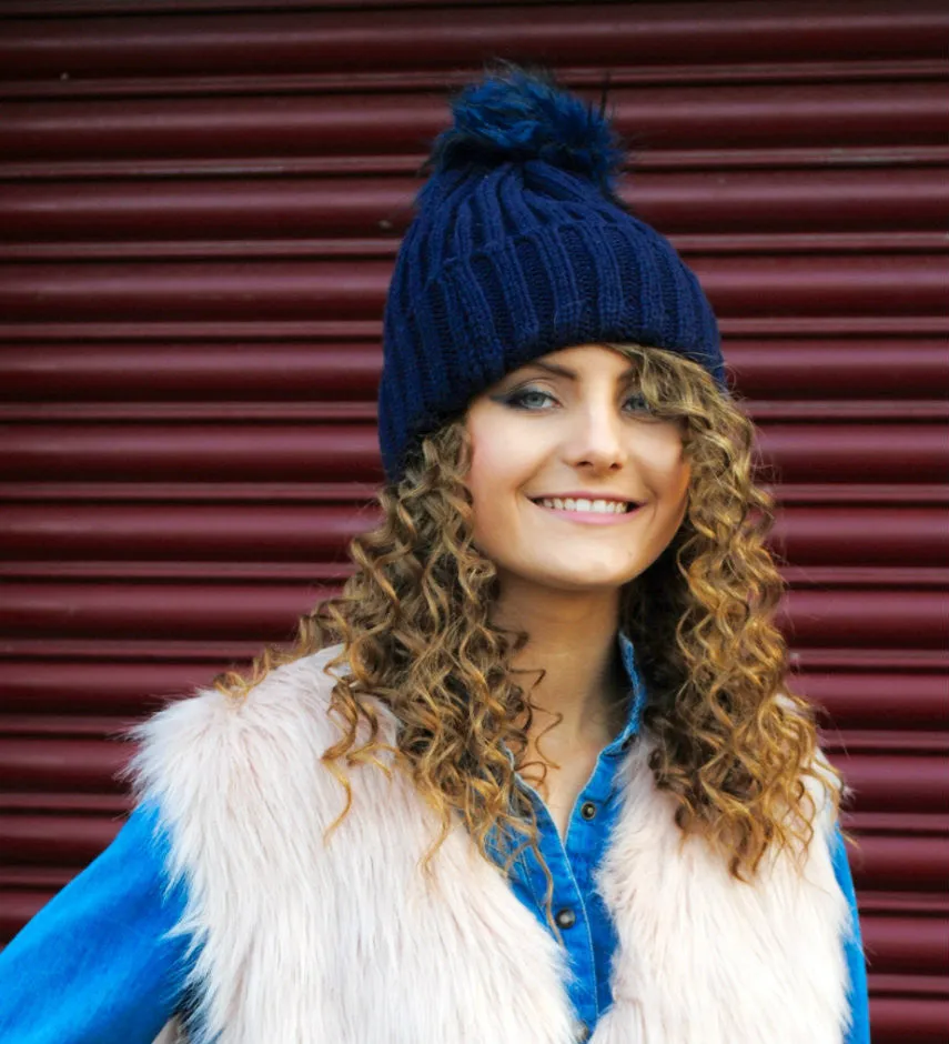 Bella Beanie Hat With Detachable Faux Fur Pom Pom