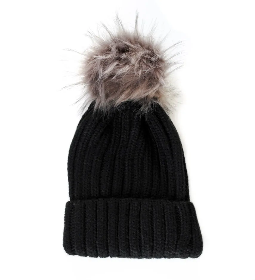 Bella Beanie Hat With Detachable Faux Fur Pom Pom