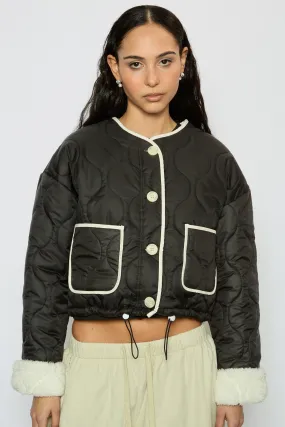 Black and ivory fuzzy lined circle quilted jacket