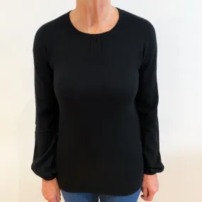 Black Cashmere Crew Neck Jumper with Balloon Sleeve Cuff Medium