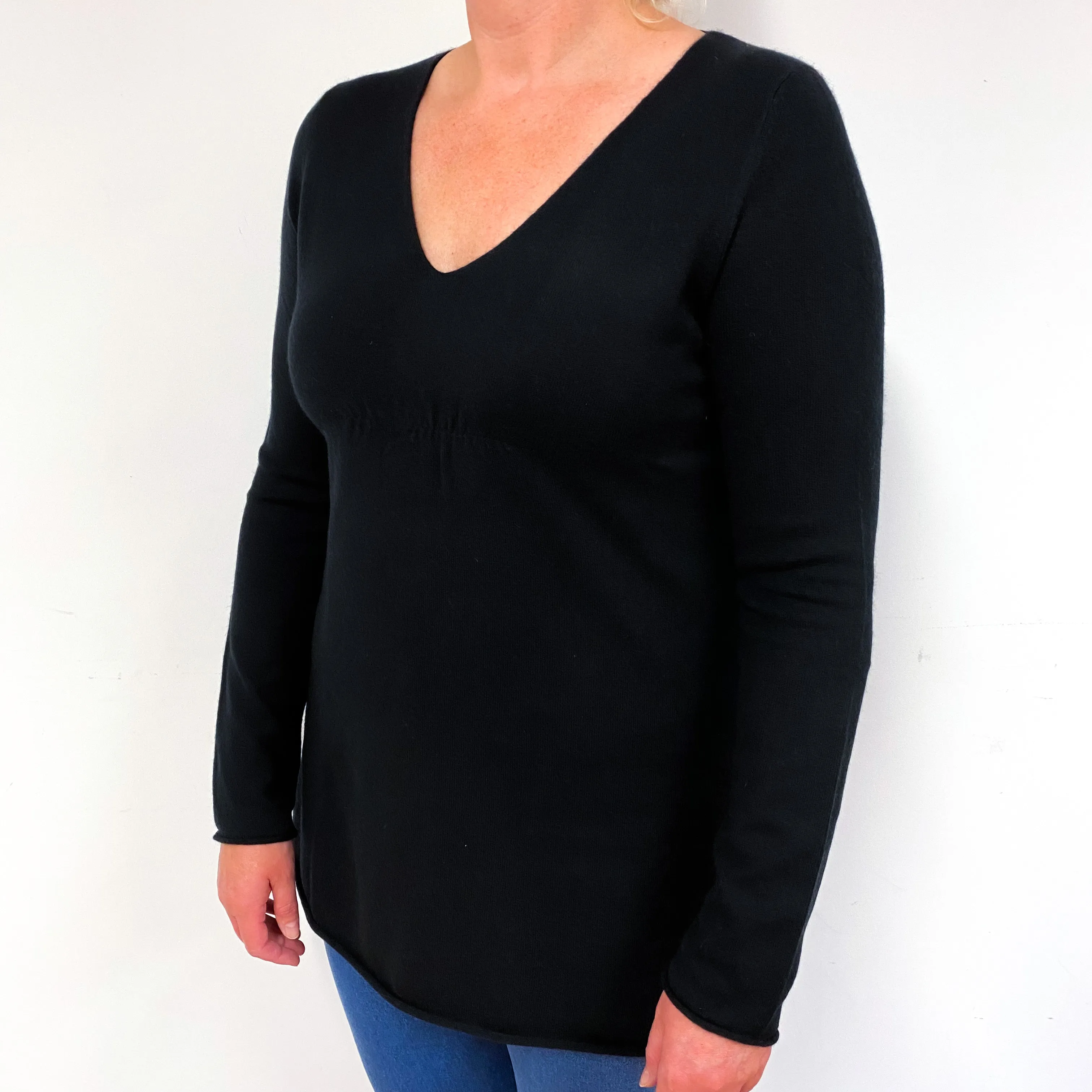 Black Cashmere V-Neck Tunic Jumper Large