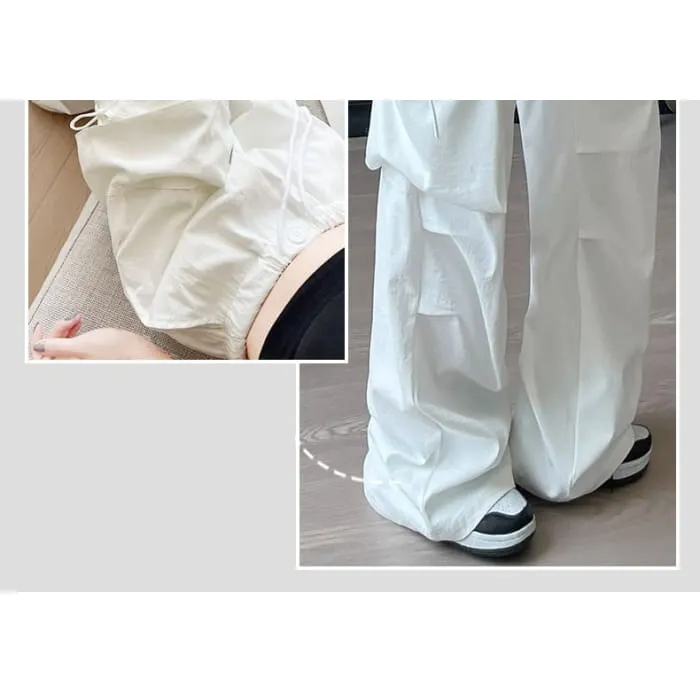 Bow Accent High Waist Plain Wide Leg Parachute Cargo Sweatpants