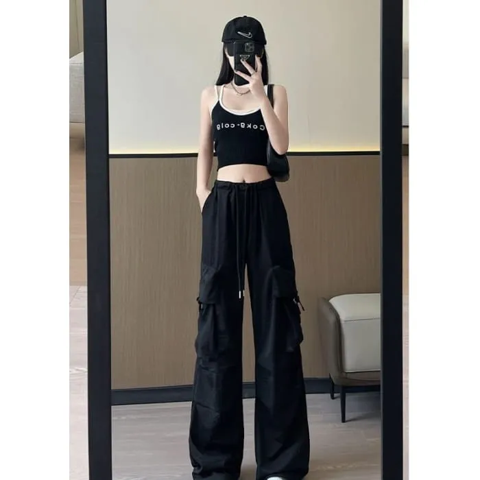 Bow Accent High Waist Plain Wide Leg Parachute Cargo Sweatpants