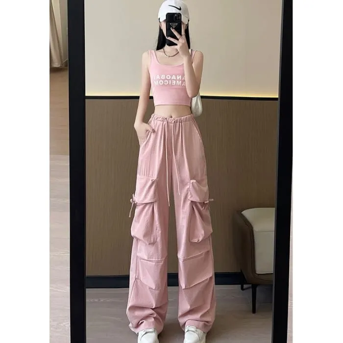 Bow Accent High Waist Plain Wide Leg Parachute Cargo Sweatpants