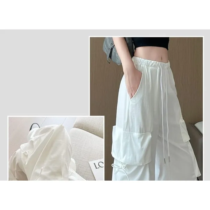 Bow Accent High Waist Plain Wide Leg Parachute Cargo Sweatpants