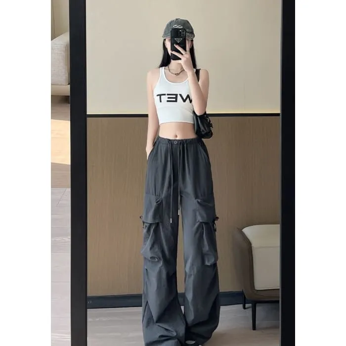 Bow Accent High Waist Plain Wide Leg Parachute Cargo Sweatpants