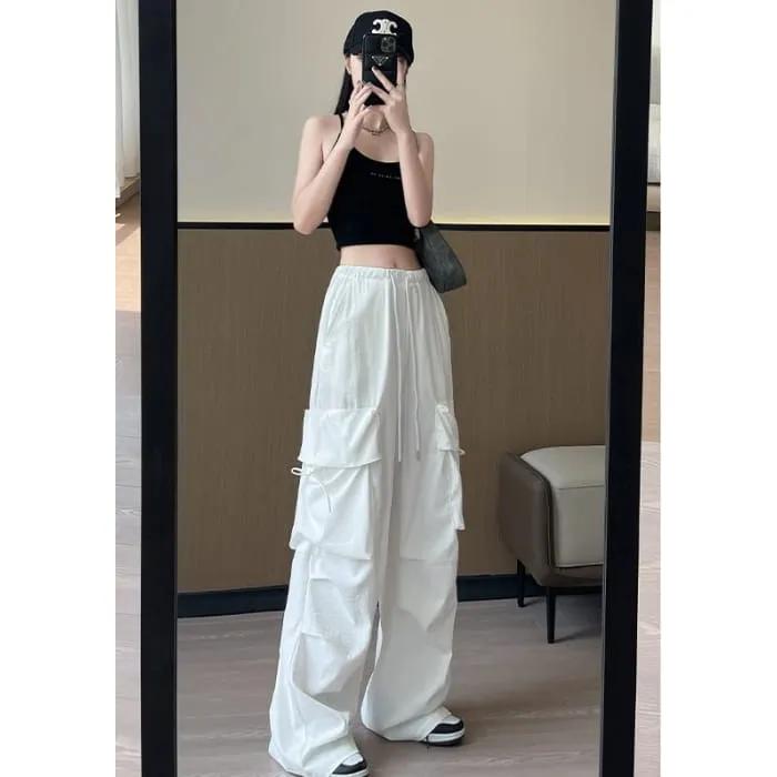 Bow Accent High Waist Plain Wide Leg Parachute Cargo Sweatpants