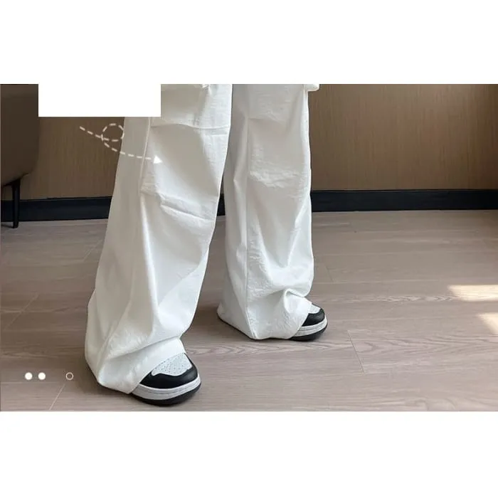Bow Accent High Waist Plain Wide Leg Parachute Cargo Sweatpants