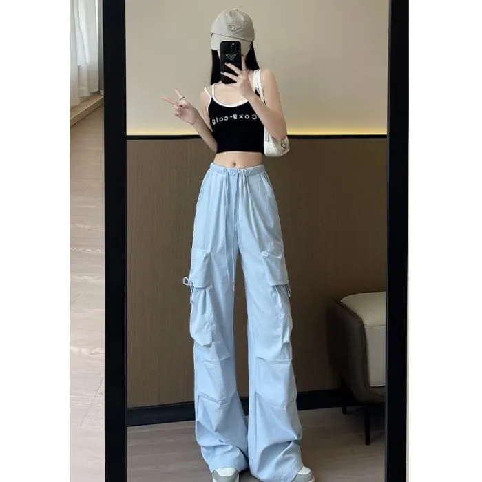Bow Accent High Waist Plain Wide Leg Parachute Cargo Sweatpants