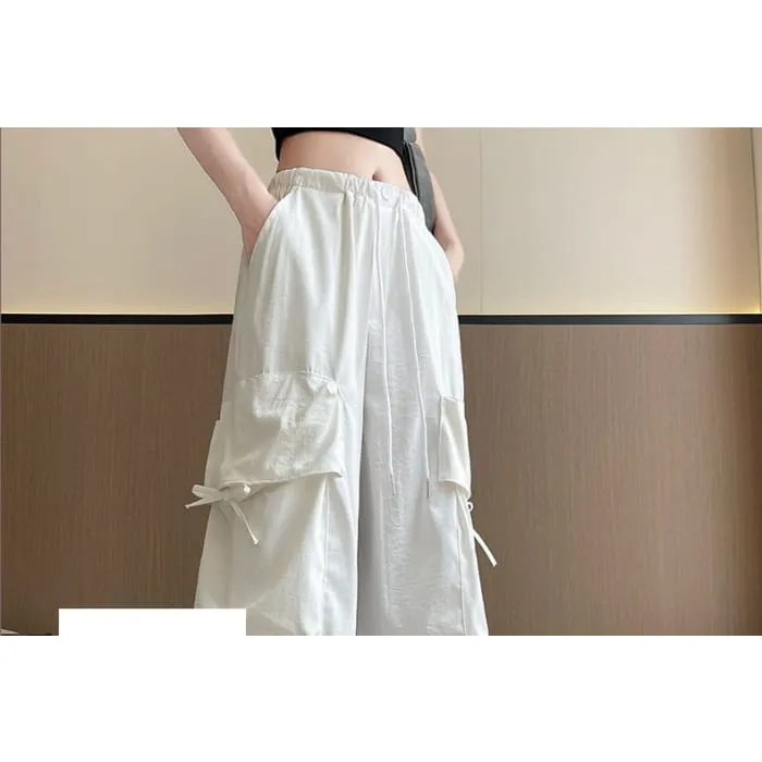 Bow Accent High Waist Plain Wide Leg Parachute Cargo Sweatpants