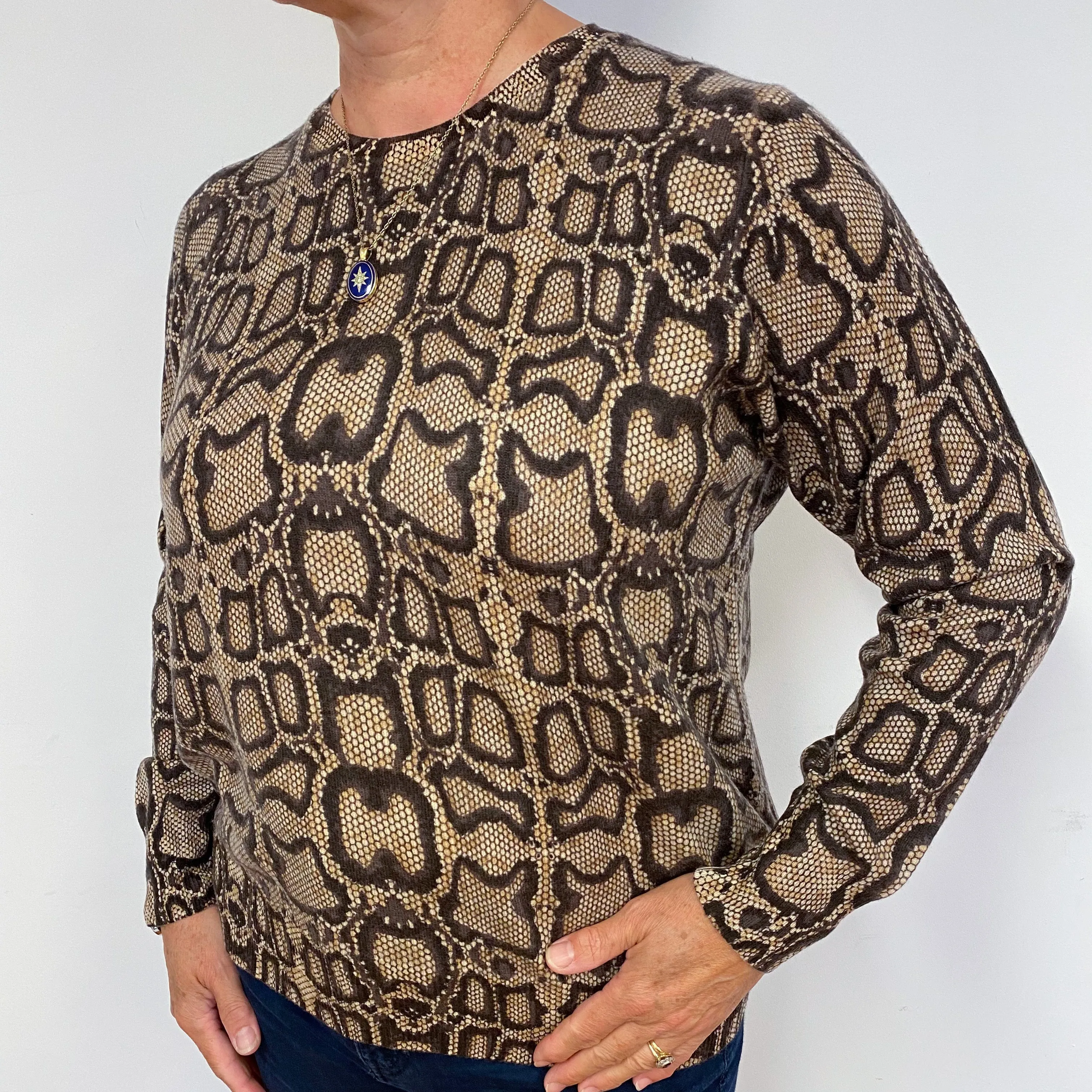 Brown Snake Print Cashmere Crew Neck Jumper