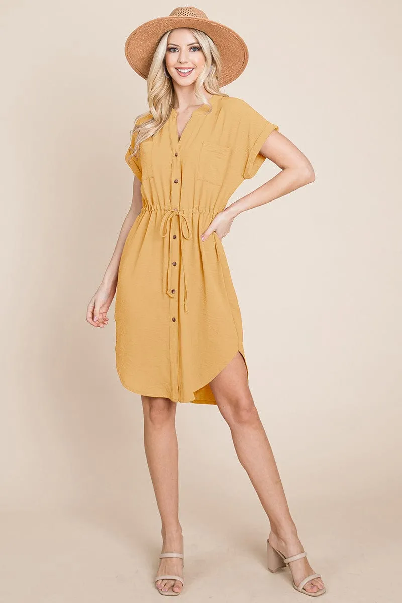 Button Down Solid Drawstring Waist Shirt Dress