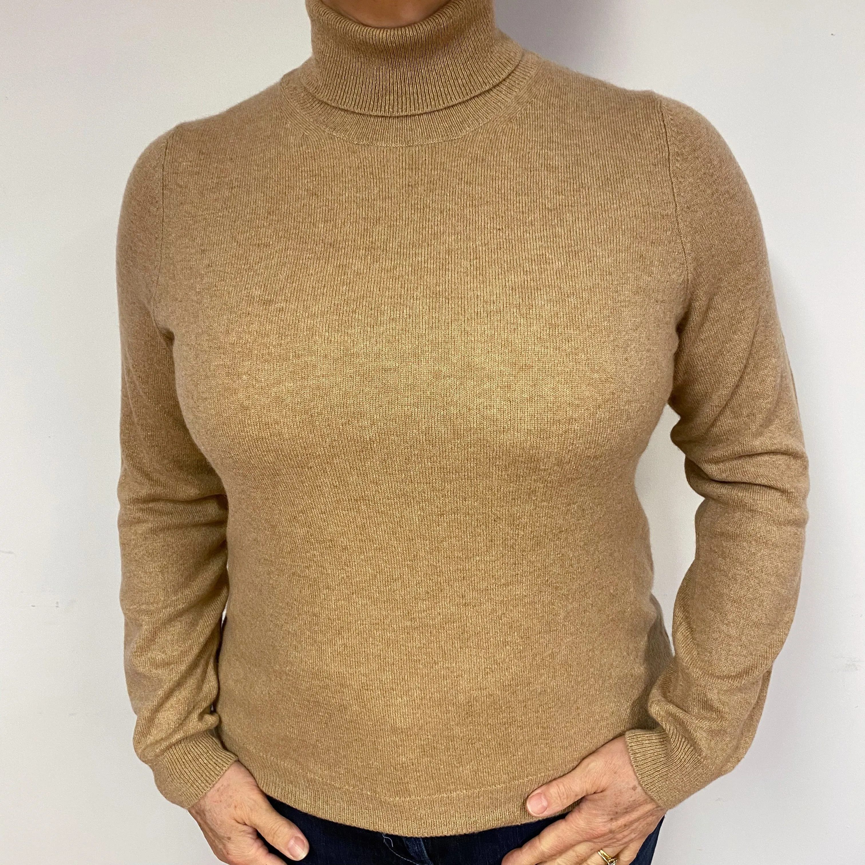 Caramel Brown Cashmere Polo Neck Jumper Large