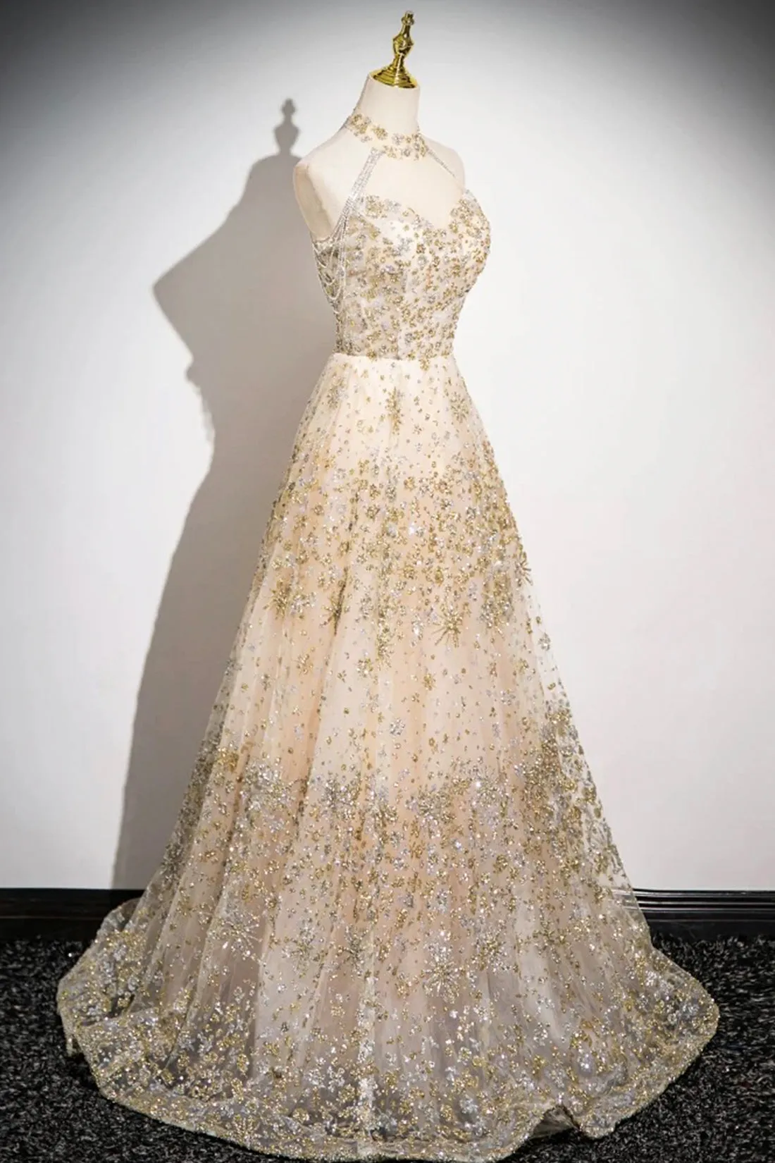 Champagne Tulle Sequins Floor Length Prom Dress, Shiny A-Line Evening Party Dress