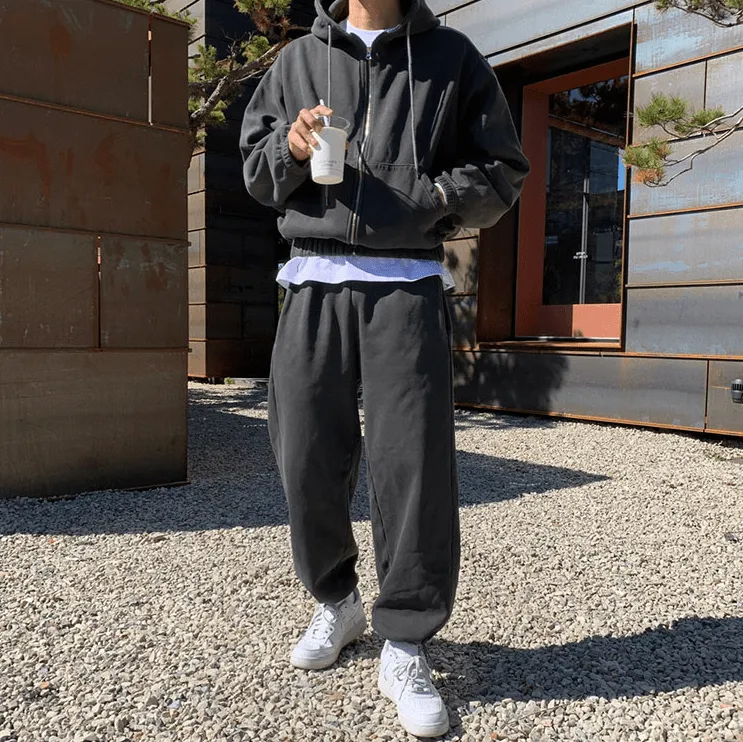 Chicmy-Korean style, Korean men's outfit, minimalist style, street fashion No. 6399 CHARCOAL GRAY ZIP-UP HOODIE & SWEATPANTS