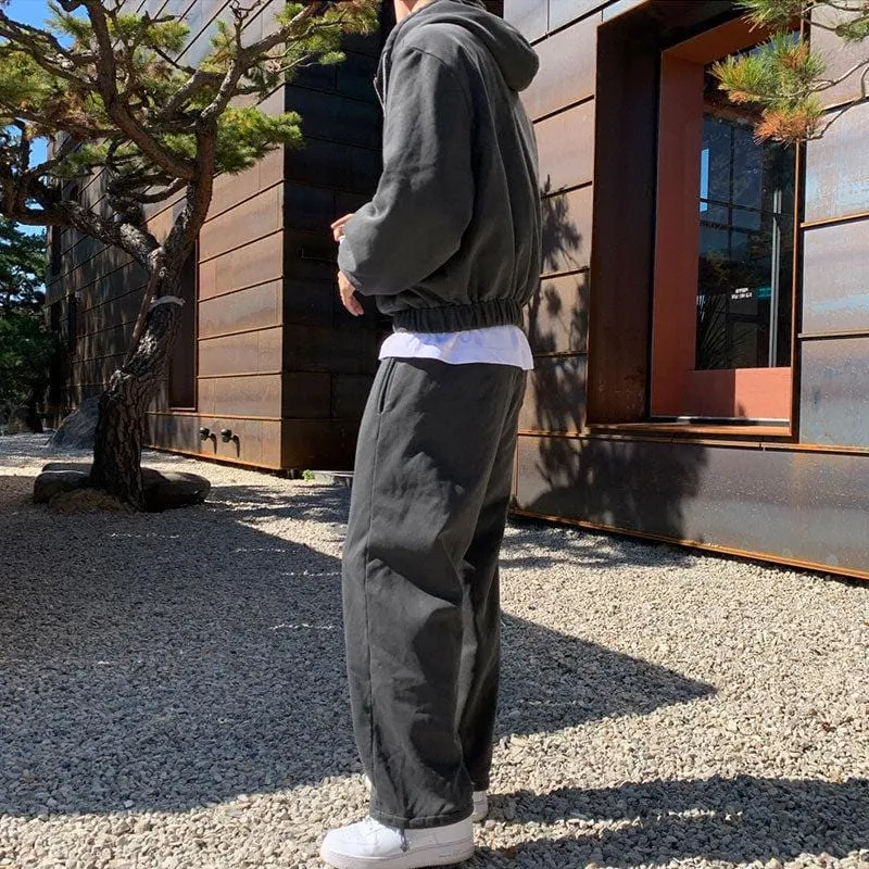 Chicmy-Korean style, Korean men's outfit, minimalist style, street fashion No. 6399 CHARCOAL GRAY ZIP-UP HOODIE & SWEATPANTS