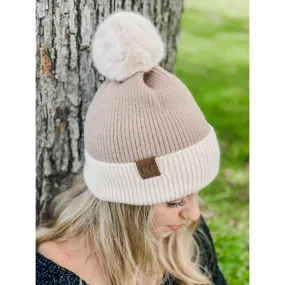 Colorblock Solid Faux Fur Pom Beanie