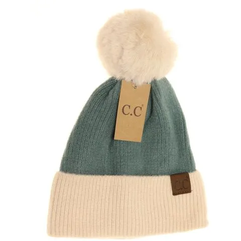 Colorblock Solid Faux Fur Pom Beanie
