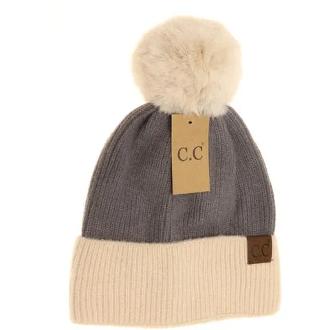 Colorblock Solid Faux Fur Pom Beanie