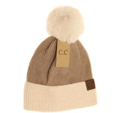 Colorblock Solid Faux Fur Pom Beanie
