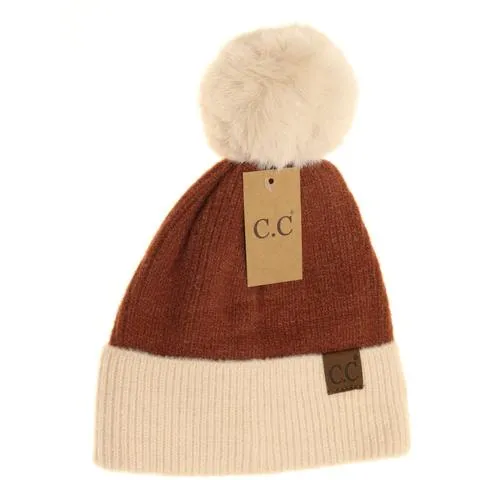 Colorblock Solid Faux Fur Pom Beanie