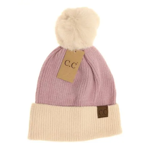 Colorblock Solid Faux Fur Pom Beanie