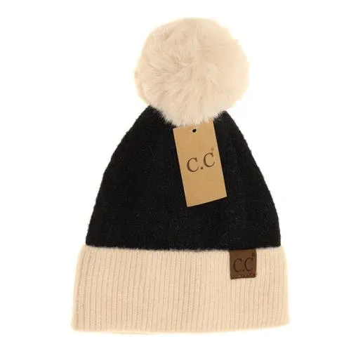 Colorblock Solid Faux Fur Pom Beanie