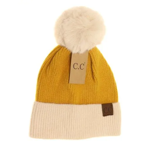 Colorblock Solid Faux Fur Pom Beanie