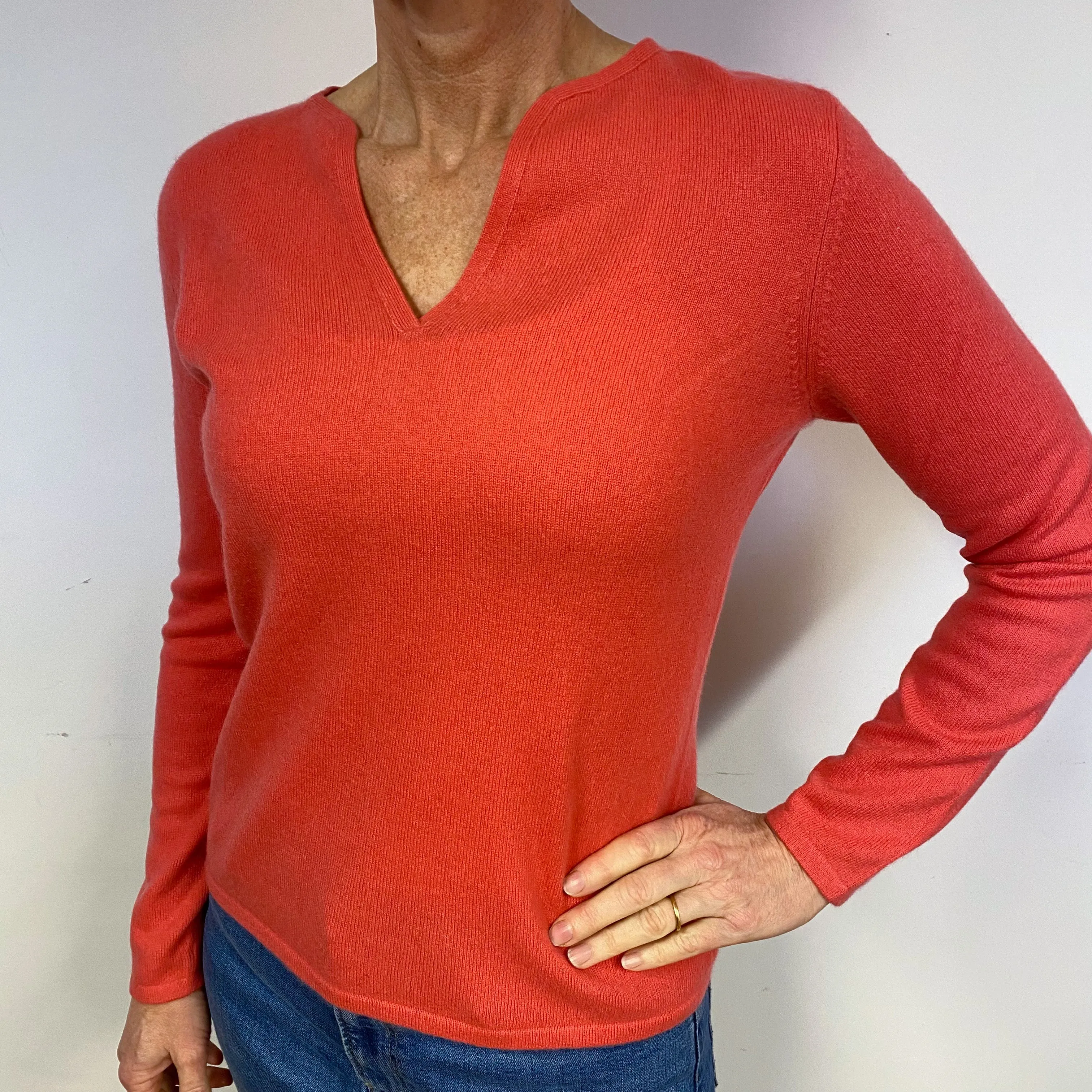 Coral Pink Cashmere Notch V-Neck Jumper Medium