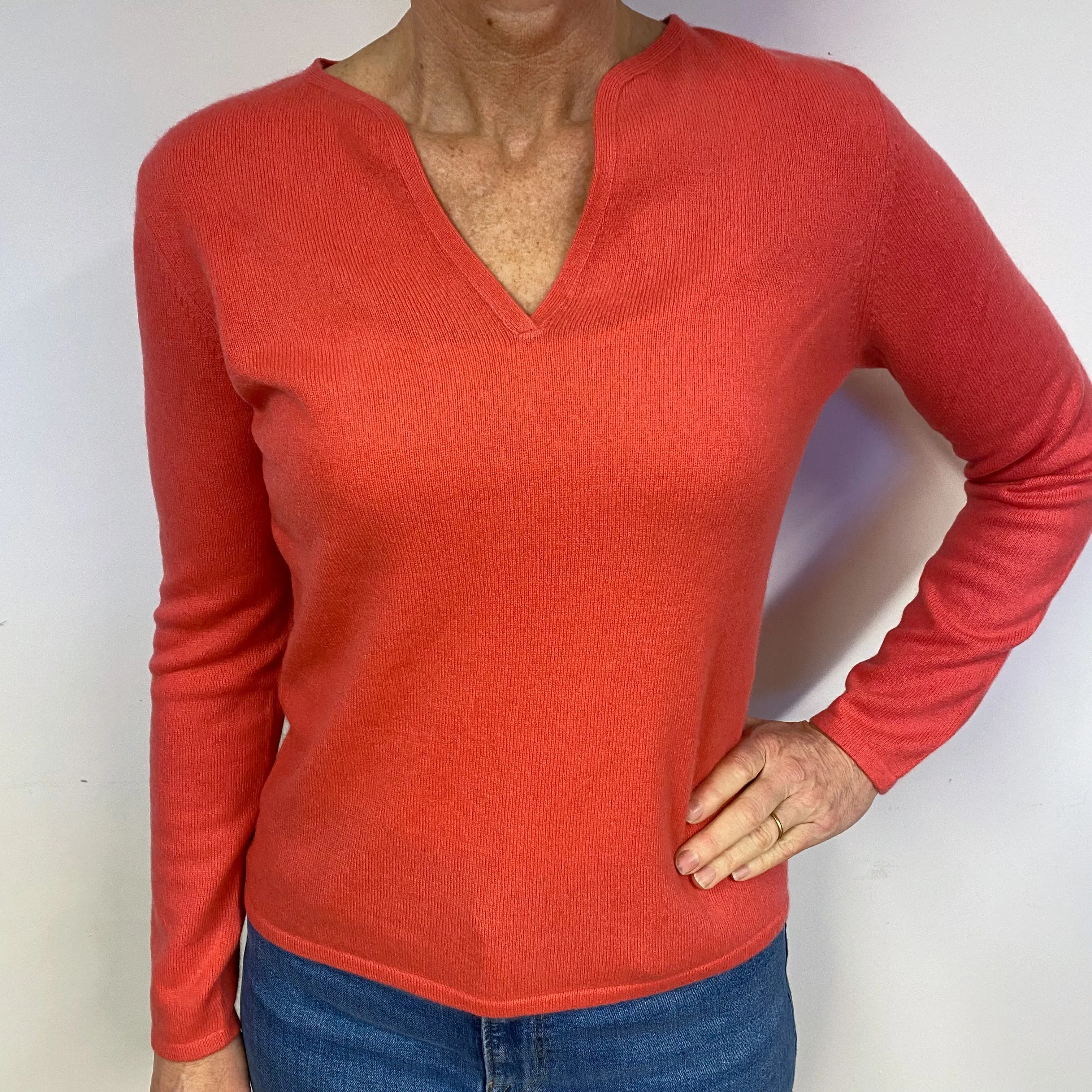Coral Pink Cashmere Notch V-Neck Jumper Medium