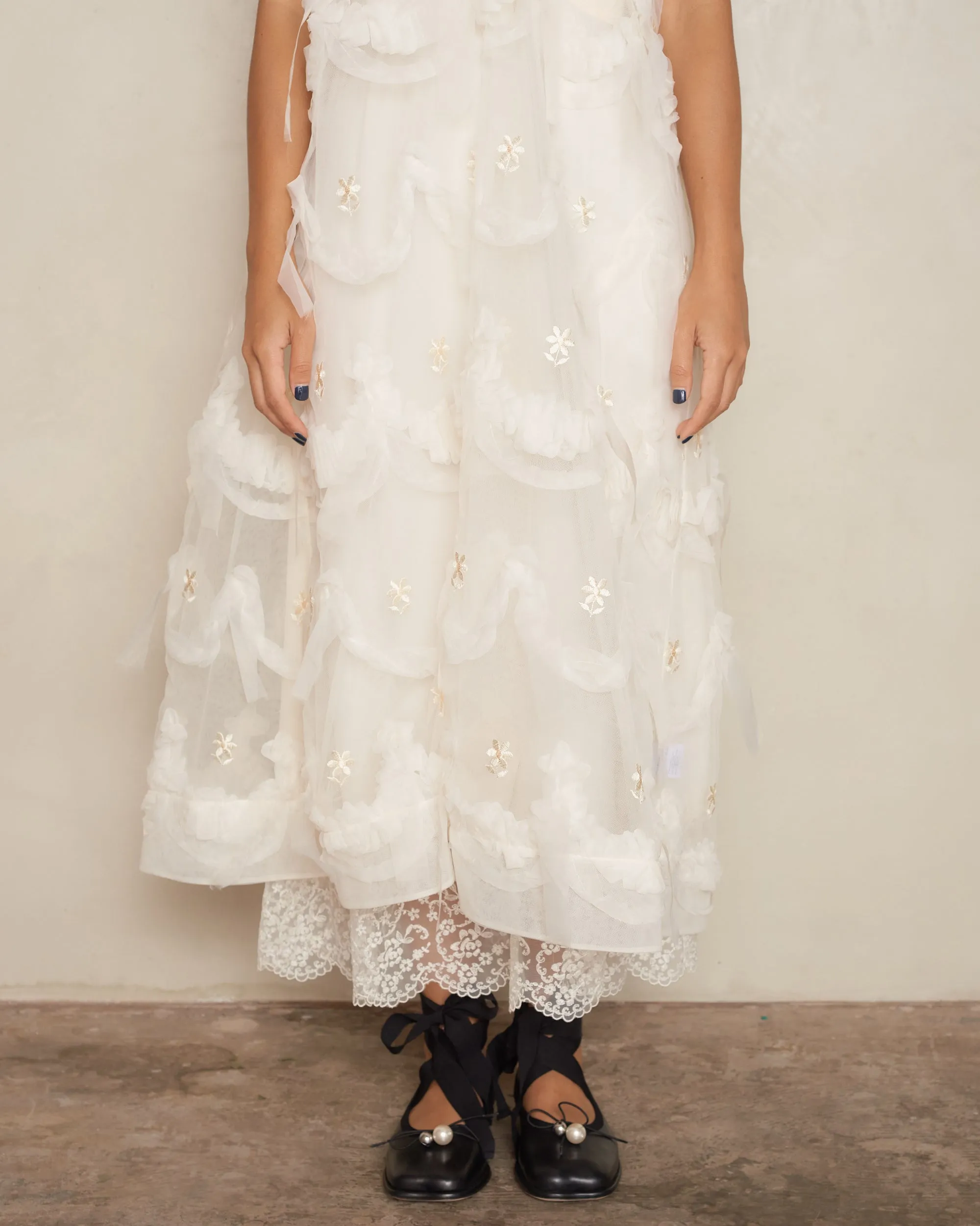 Cream Embellished Tulle Dress