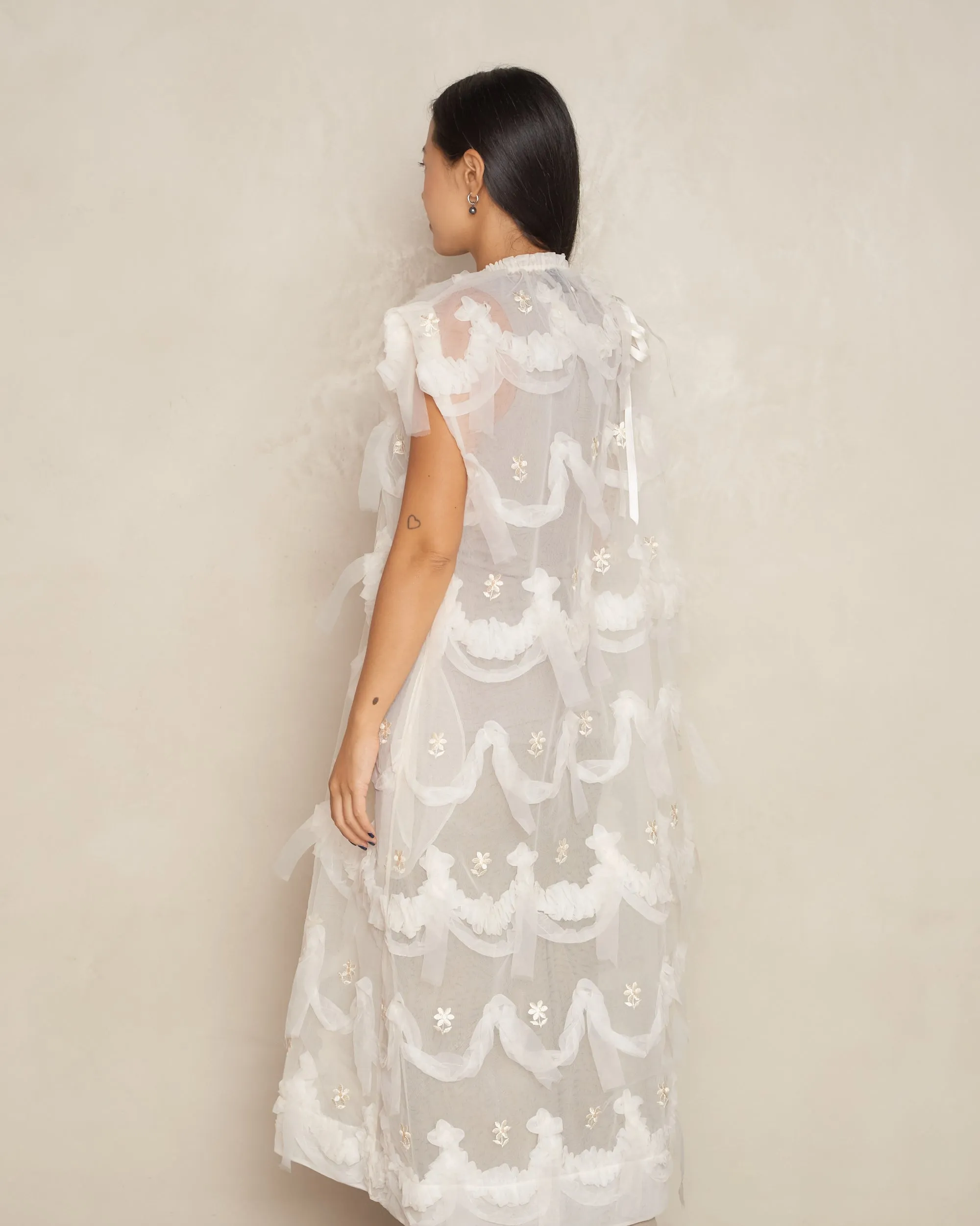 Cream Embellished Tulle Dress