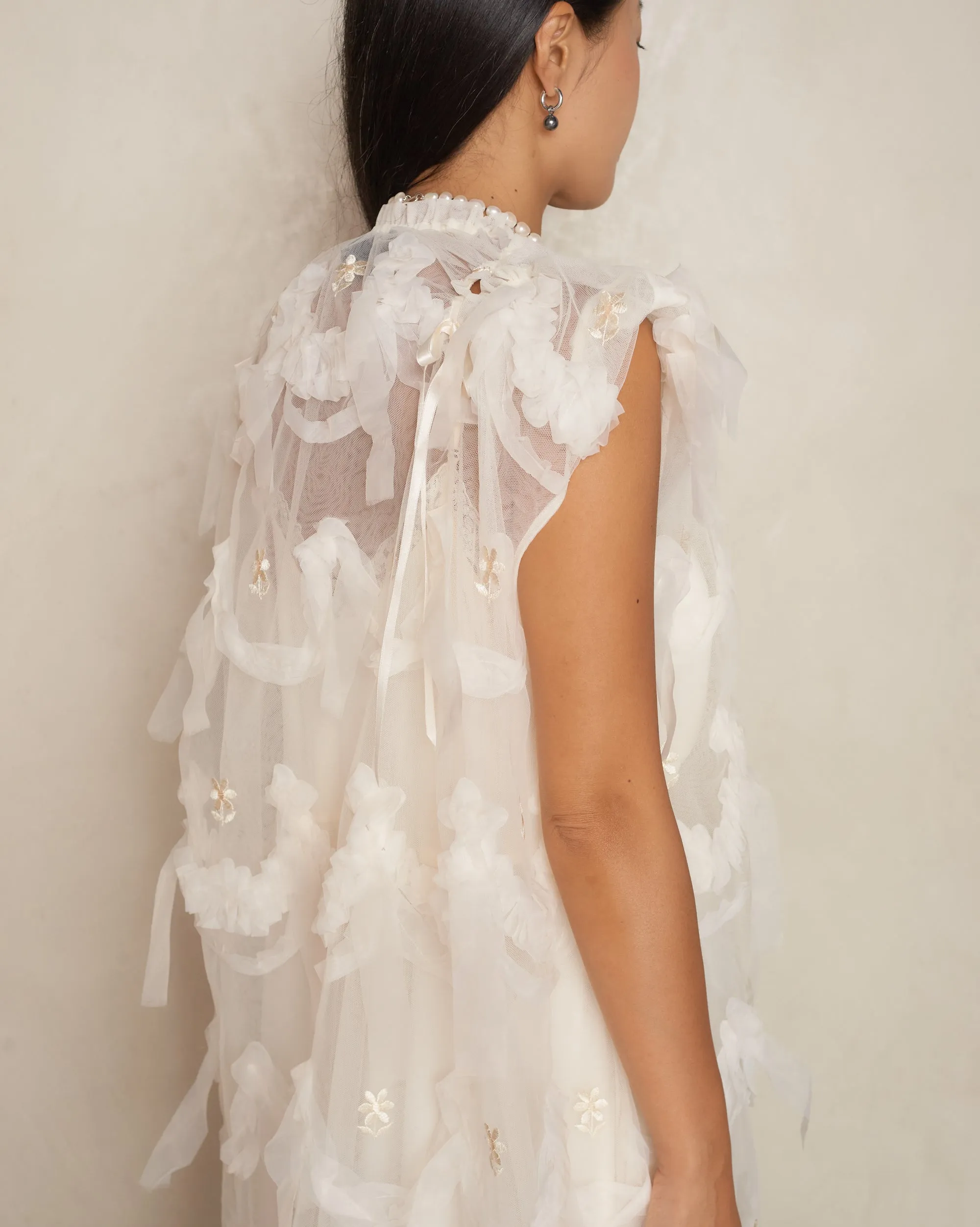 Cream Embellished Tulle Dress