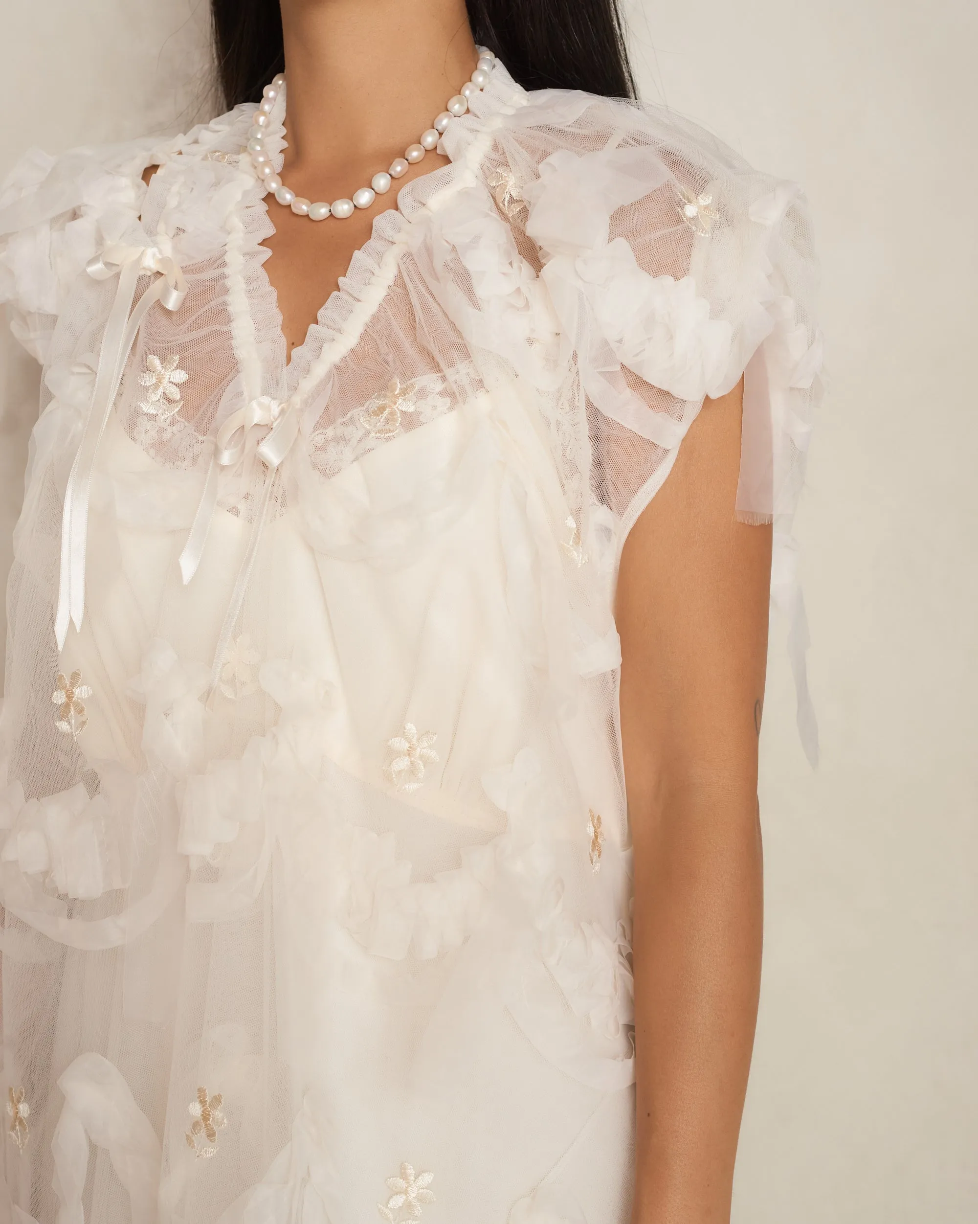Cream Embellished Tulle Dress