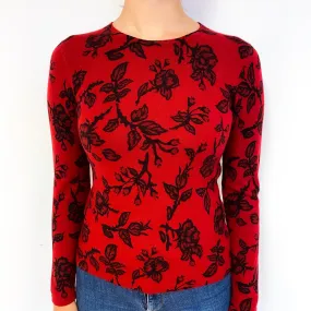 Crimson Red Black Floral Cashmere Crew Neck Jumper Small