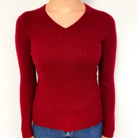 Crimson Red Cable Cashmere V-Neck Jumper Small
