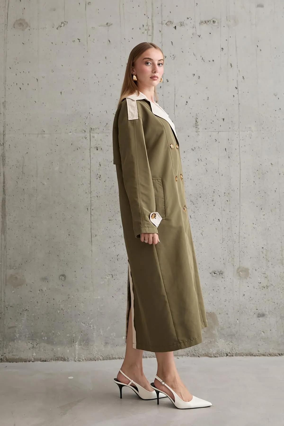 ELS Back Striped and Belted Trench Coat - Khaki - Monroe